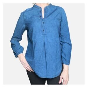 6367 Kanae Chambray Denim Half Button Cotton Minimalist Blouse Blue Small